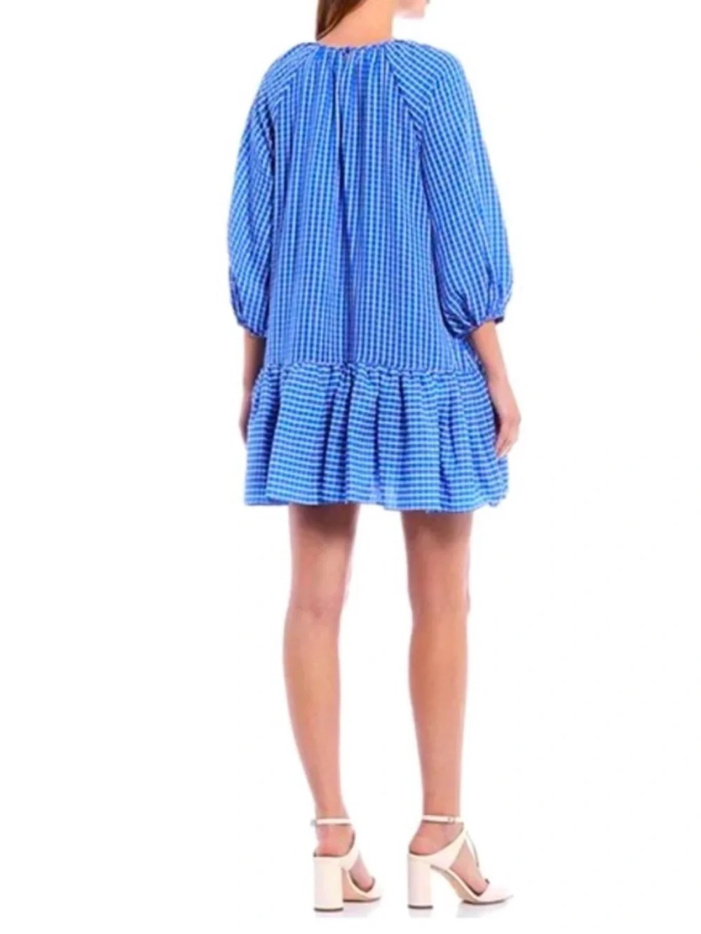 LDT Rachel Ruffle Seersucker Blue White Mini Dress NWT - Picture 14 of 15